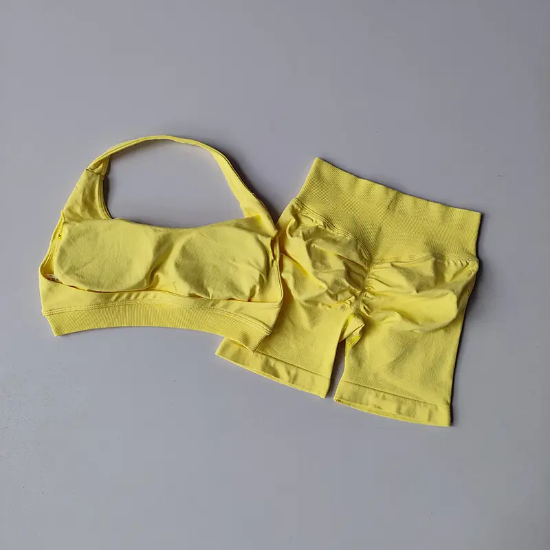 Sexy Halter Neck Beautiful Back High Waist Peach Sports Bras Shorts Suit Pilates Gathering Yoga Vest Training Fitness Bra Sets - Image 10