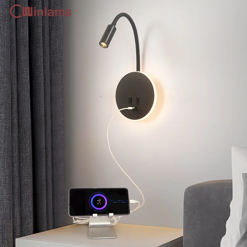 

LED Bedside Wall Lamp Reading Light Backlight Hose Light Rotatable Wall Spotlight USB Port TypeC Charging Study Wall Light