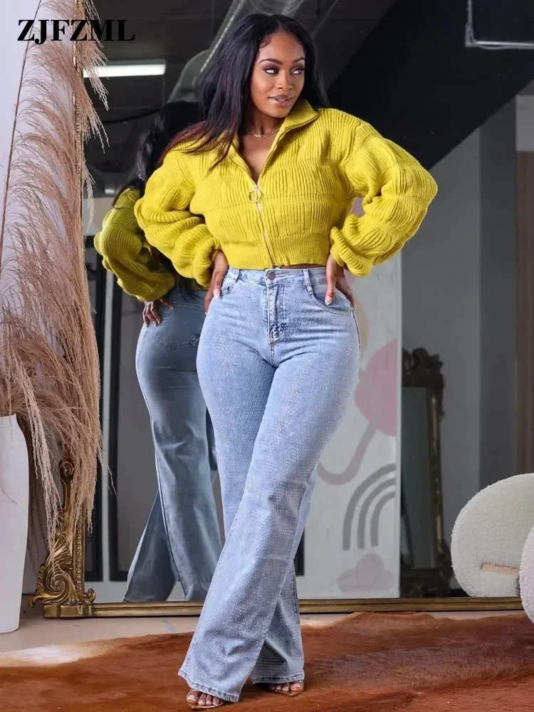 

Fashion Ribbed Knitted Lantern Long Sleeves Sweater Tops Homecoming Clothing For Female Turn Down Collar Zipper Up Sweater Coat