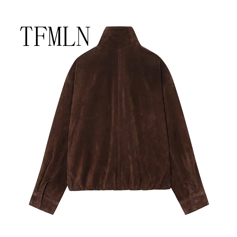 TFMLN New Fashion Women's Suede Jackets 2025 Female Pockets Elegant Warm Coat Chic Street Zipper Casual Coats