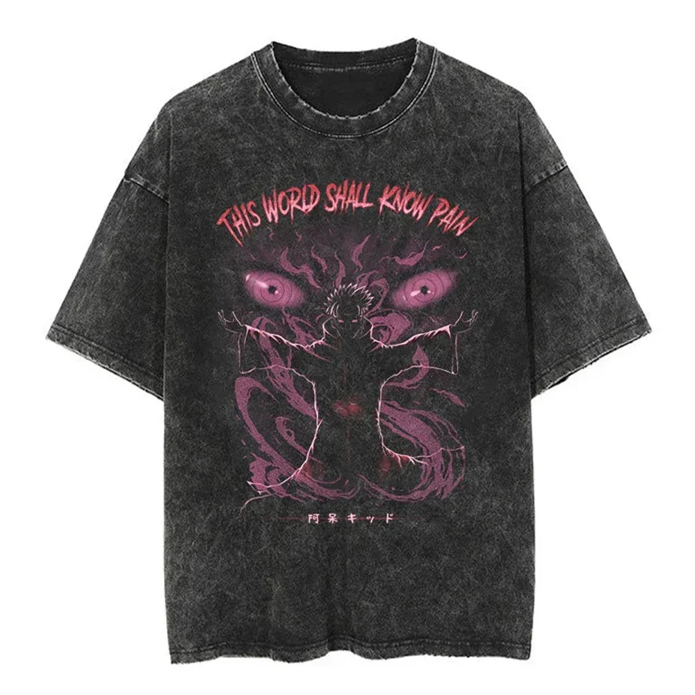Men Streetwear Tshirt Japanese Naruto Anime Graphic T-Shirt Cotton Harajuku Washed T Shirt Summer Hip Hop Tops Tees Black