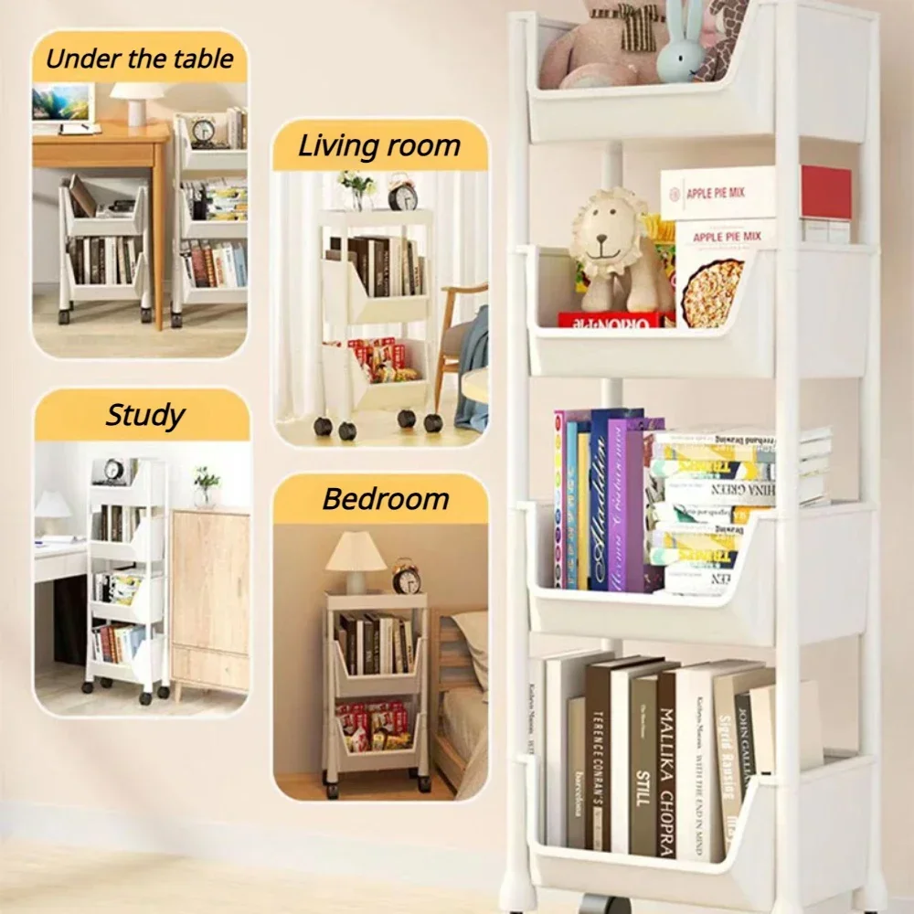 Movable Trolley Bookshelf Assembled Toy Storage Rack Large Capacity Corner Book Storage Rack Multilayer Simple Display Cabinet