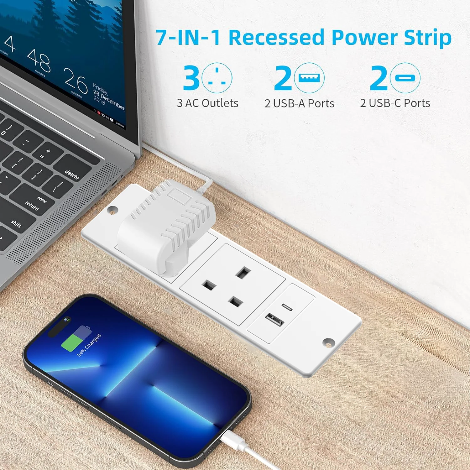영국 플러그 매립형 전원 스트립 2개 콘센트 USB-C/USB-A 1.5M/59.05인치 전원 코드 공간 절약형 책상/카운터/가구용 간편 설치