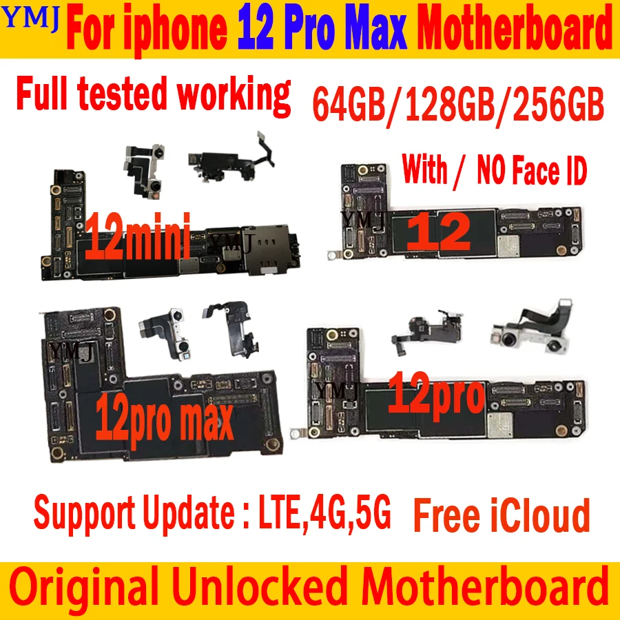 

Free Shipping Original Unlocked For Iphone 12 Pro Max / 12 Mini Motherboard With/No Face ID Logic Board 100% Tested Full Work