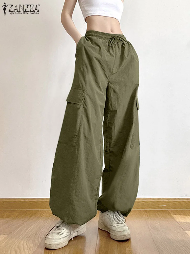 

Fashion Drawstring Elastic Waist Pantalon ZANZEA Women Cargo Long Pants Casual Loose Wide Leg Trouser Streetwear 2024 Sweatpants