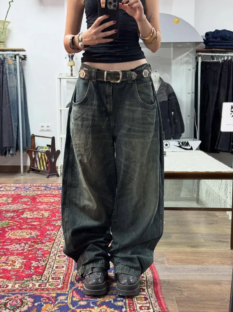 2025 American New Fashion Solid Color Black Big Pocket Baggy Jeans Ladies Y2K Hip Hop Pop High Waist Wide Leg Straight Trousers 2