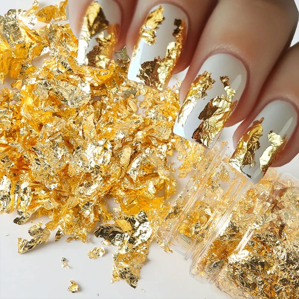 1Box Gold Silber Unregelmäßige Nail art Folie Papier Glitter Gold Blatt Flocken Nail art Pailletten Folie Papier Fragmente DIY maniküre Decora – Detail 1