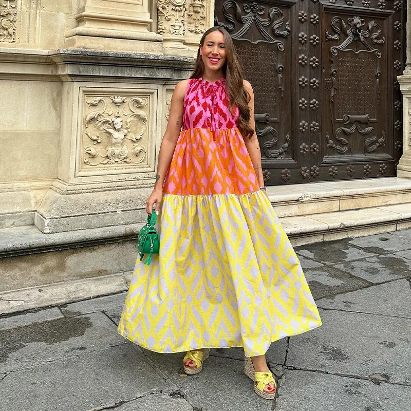 Chic Patchwork Printed Dress For Women Chic Round Neck Sleeveless Casual Maixi Dress Summer New Female Vacation Robe