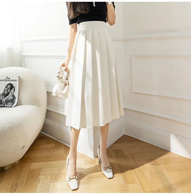 2022 Spring Summer Women's Elegant Pleated Suit Skirts High Waist Fashion Office Ladies Elastic Waist A-line Midi Skirt Vintage brown skirt