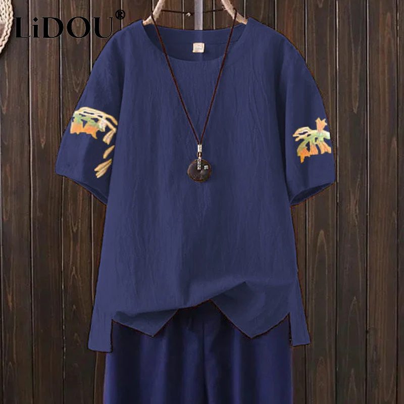 

Solid Color Embroidered Half Sleeve Bottoming Shirt 2023 Summer Female Round Neck Chinese Style Pullovers Cotton Loose T-shirt