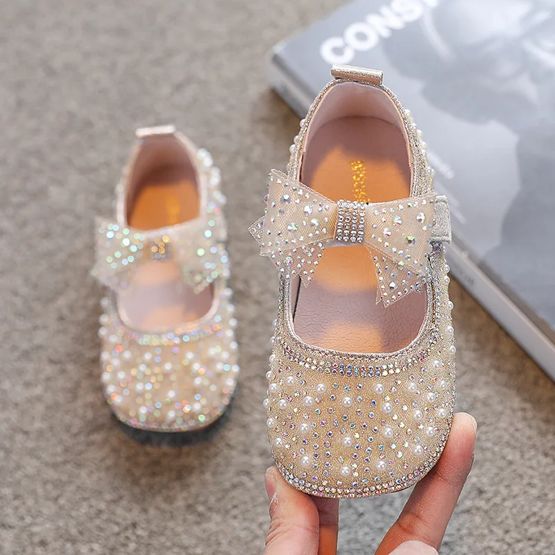 children's shoes for adults New Girls Gold Silver Princess Crystal Shoes Children's Pearls Bowknot Flats Kids Baby Korean Party Dress Shoes 2022 1T To 7T children's shoes for adults