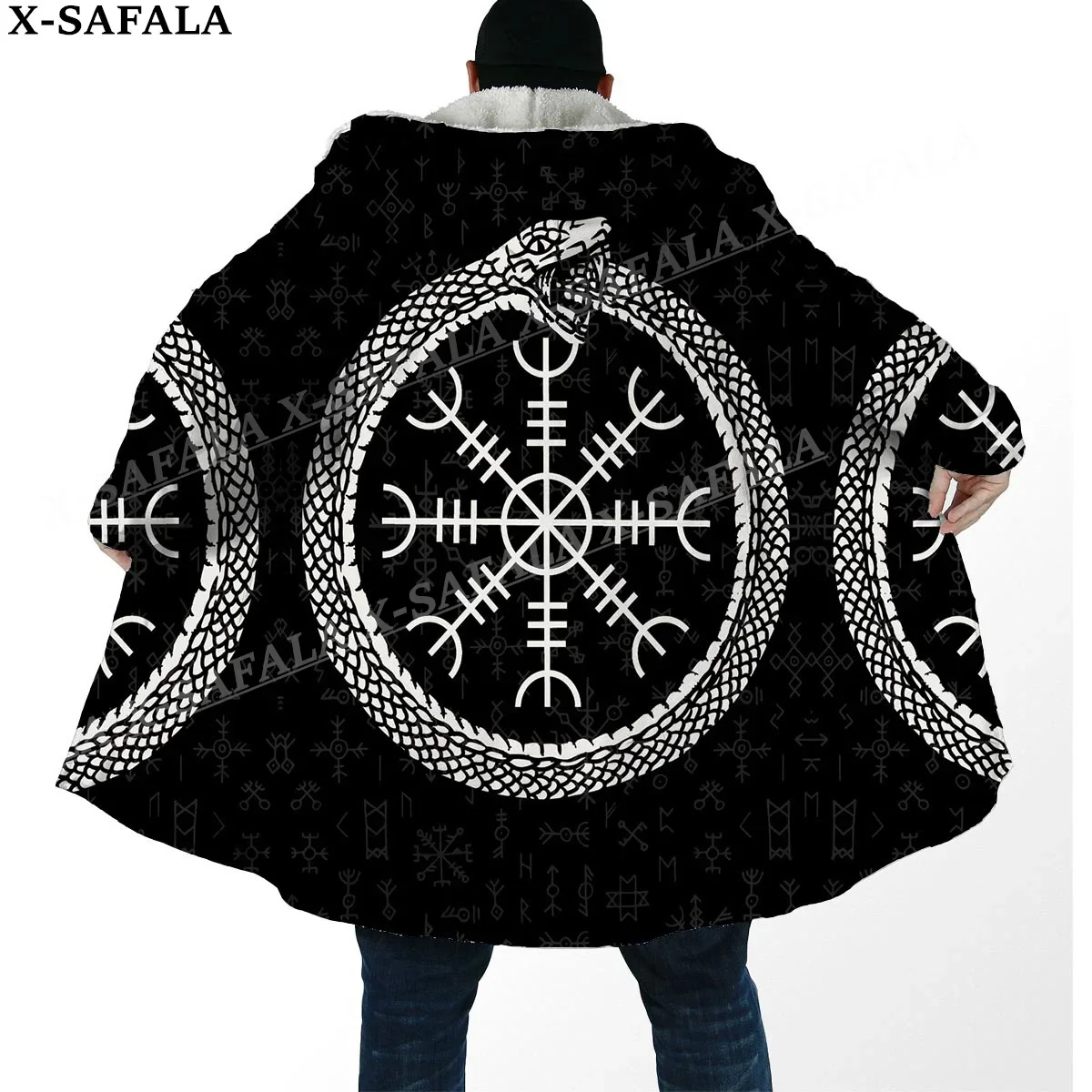 Viking Odin Tattoo Symbol Totems Art Thick Warm Hooded Cloak Men Overcoat Coat Windproof Fleece Cape Robe Hooded Blanket-7 mens hooded cloak,mens woolen overcoat