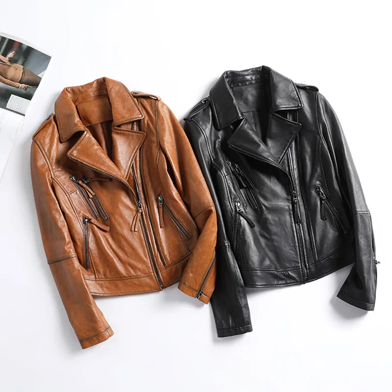 

Lady Sheepskin Leather Jackets Fashion Solid Motorcycle Real Leather Coats Zipper Soft Bomber Jackets 2023 Spring Autumn CL4015