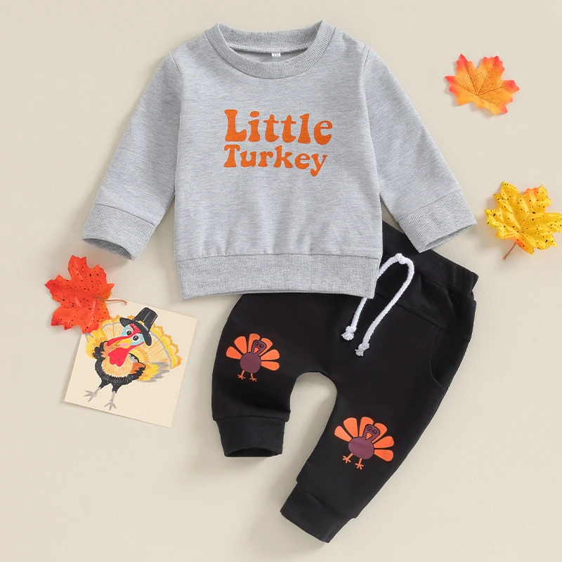 

0-3Y Toddler Boys Thanksgiving Outfits Letter Print Long Sleeve Sweatshirts and Turkey Print Long Pants 2Pcs Clothes Set