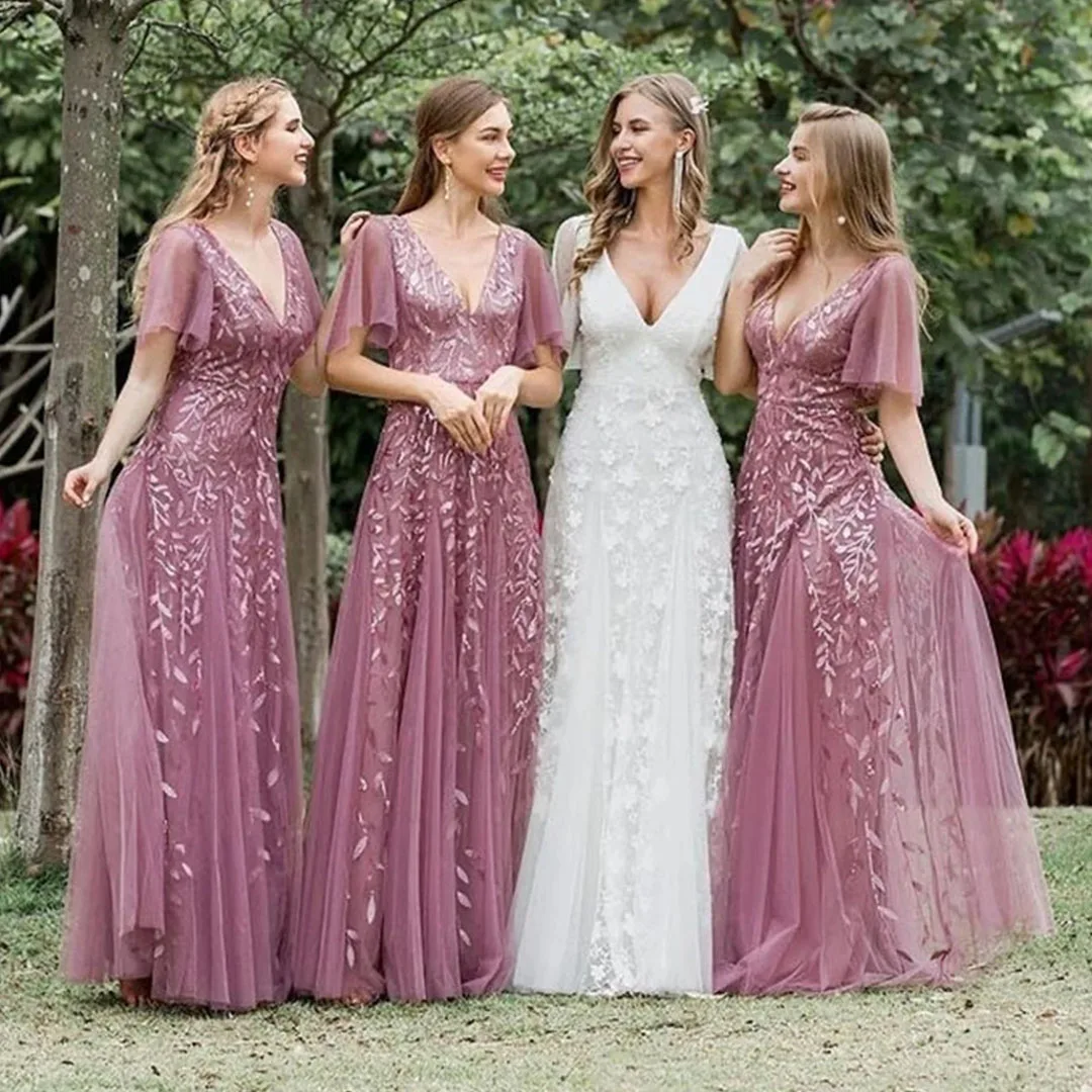 

FATAPAESE Pink Bridesmaid Dresses Illusion Sweetheart Lace Applique Pearls Gowns Girl Wedding Evening Party Gown robe de soirée