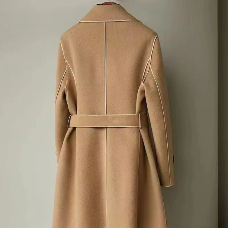 2023 Autumn Winter New Double-sided Cashmere Hepburn Wind Coat Women High-end Temperament Slim Mid-length Lace Decorative Top
