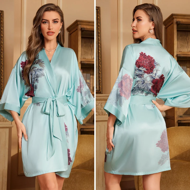 Navy Blue Floral Silk Satin Kimono-Style Nightgown