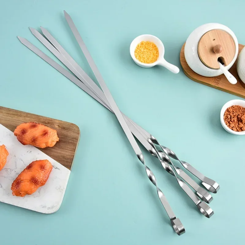 Barbecue Skewers Bbq Grilling Accessories 6Pcs BBQ Skewer Stainless Steel Wide Barbecue Sticks Flat BBQ Fork Outdoor Camping Picnic Utensil Kitchen Accessories