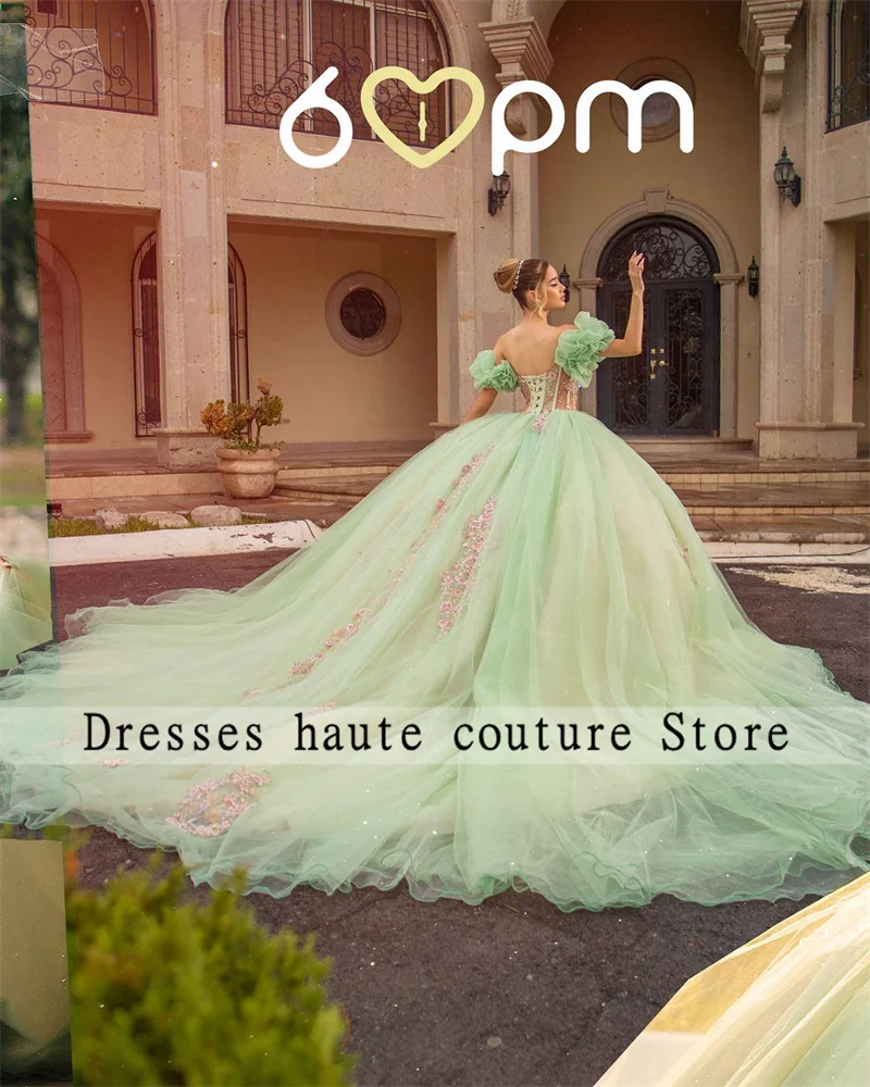 

Green Tulle Sweetheart Quinceanera Dresses 2024 Ruffles Beaded Lace Appliques Ball Gowns Sweet 16 Dress Vestidos De 15 Anos