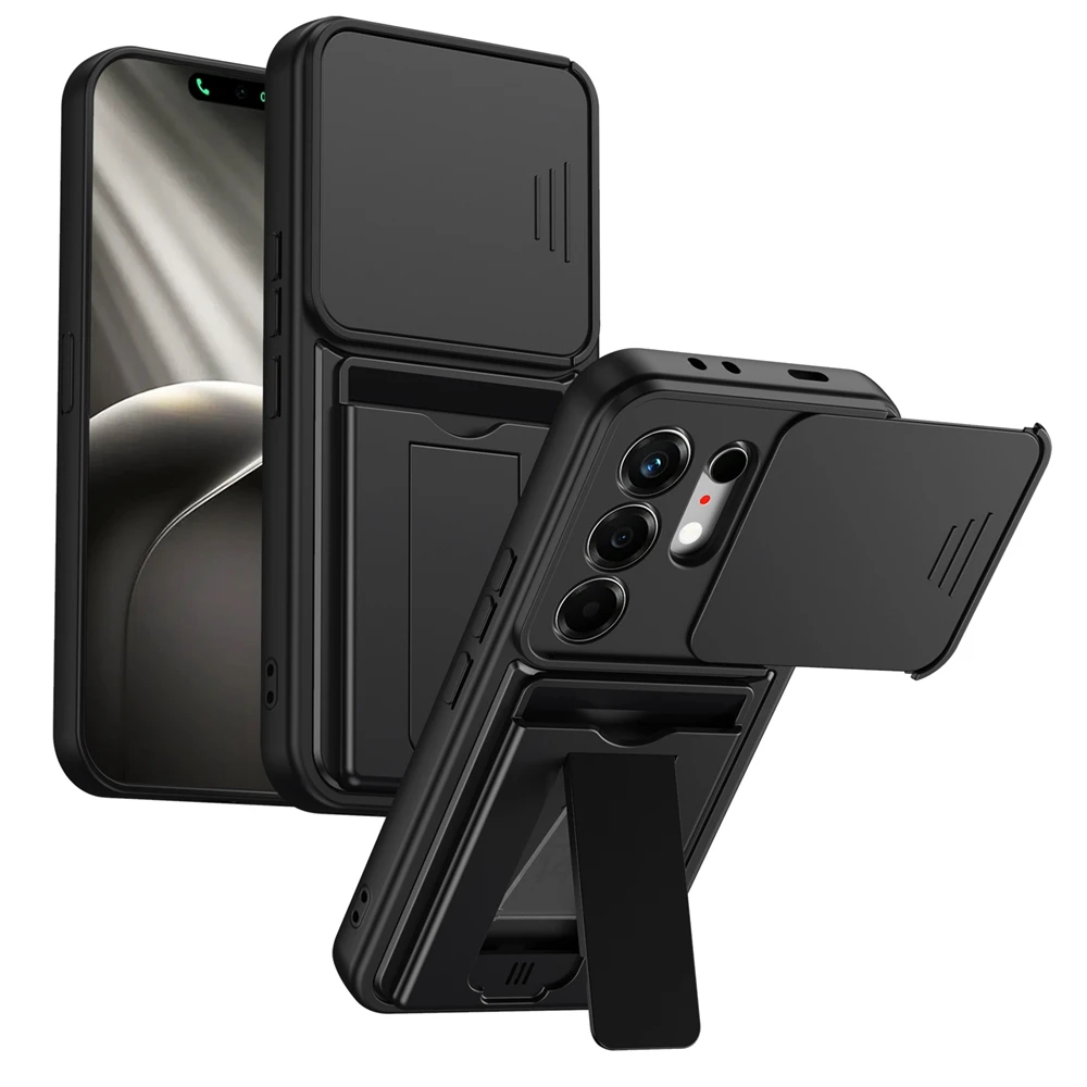 Premium Shockproof Card Holder Wallet Phone Case with Lens Protection and Stand Functionality