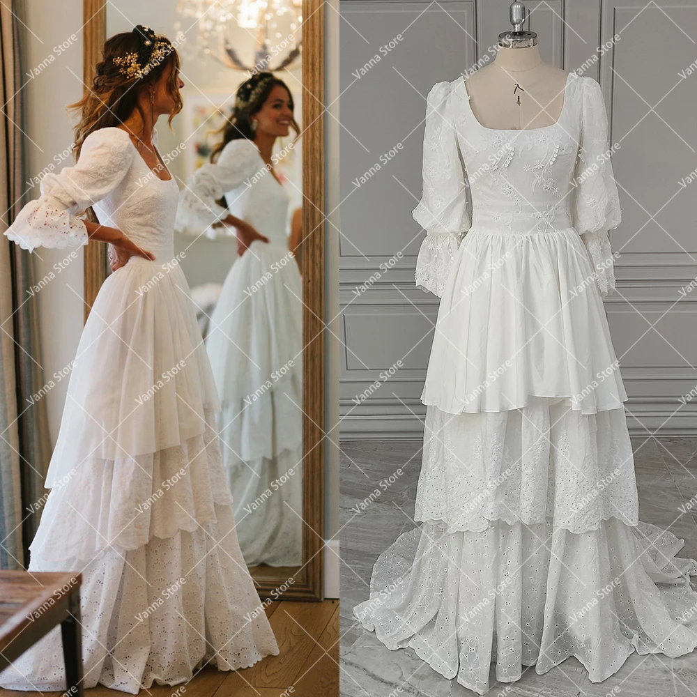 

Long Flare Sleeves Cutout Lace Bridal Gown Bohemian Custom Made Plus Size Scoop Neck Low Cut Boho Tiered Vintage Wedding Dress