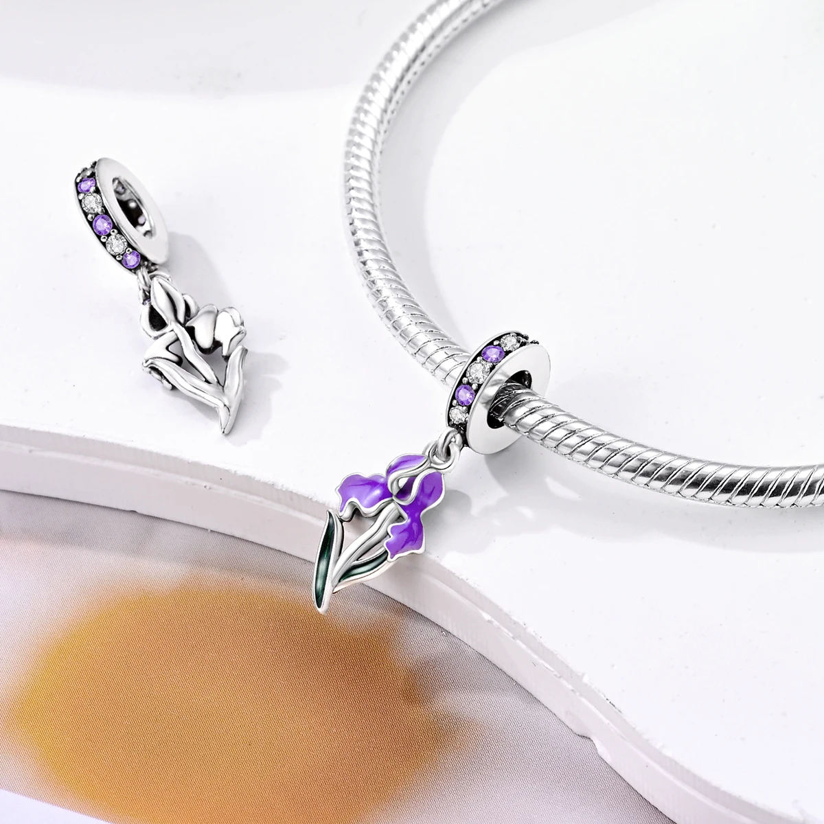 Versilberte lila Charms, Blumen-Schmetterlings-Charm-Perlen, passend für Original-Armbänder, DIY-Anhänger – Detail 14