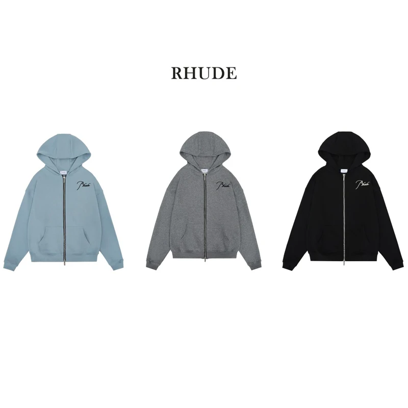 

RHUDE Arrival Zipper Hoodie Letter Logo Embroidery Cotton Men Women Blue Gray Black Hat Oversize Hooded Casual Coat Long Sleeve