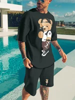 3D Cartoon Teddy Bear Print Men's T-shirt Shorts Set, Summer Casual Everyday Men's Short-sleeved Outdoor Street Men's Shorts 1