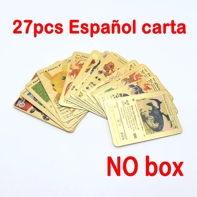 Pokemon Metal Card Spanish Box Gold Black Golden Letters Silver English Vmax Gx Collection Charizard Pikachu Cards Pack Toy Gift 27pcs Spanish gold