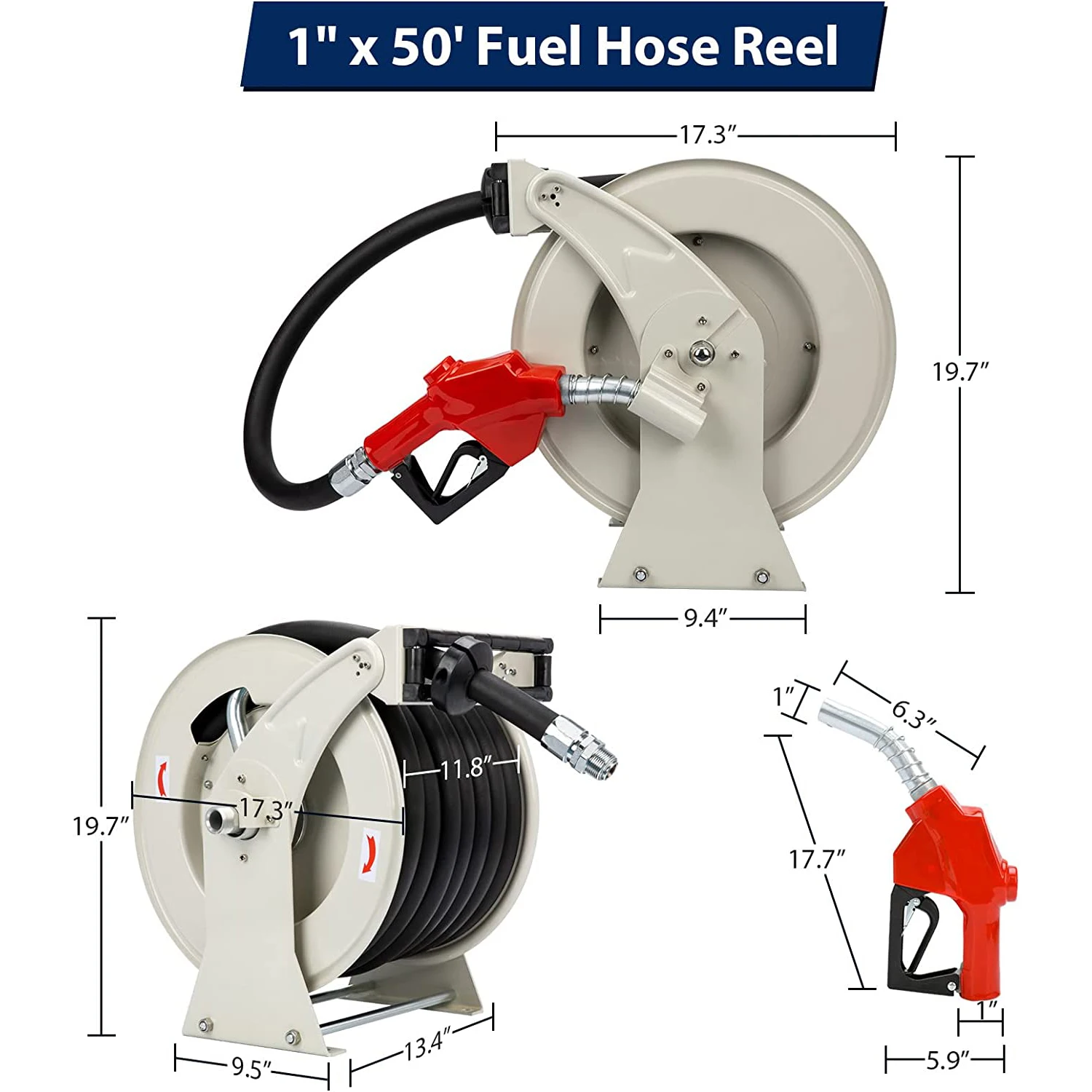 Fuel Hose Reel 1 x 50' Spring Driven Retractable Diesel Hose Reel 300 PSI  Industrial Auto Swivel Hose Reel with Fueling Nozzle