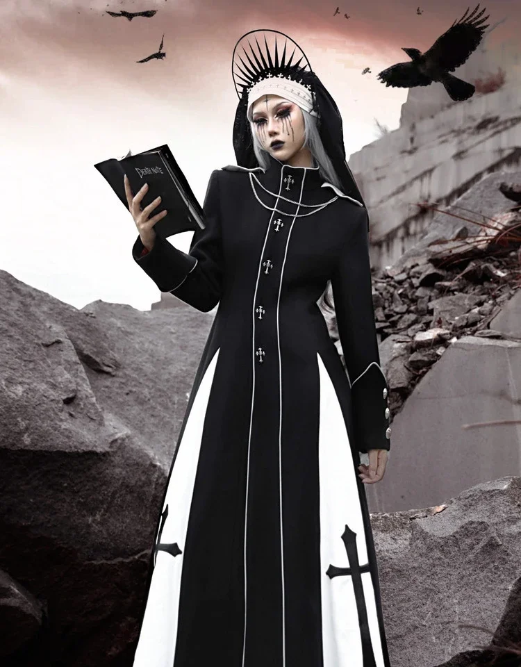 Blood Supply Nun Gothic Black Blends X-long Cross Patch Slim A-line Wool Blends Autumn Women Clothing Outwear 15cm 80cm bowknot cross knitted scarf wool warmer ring neck scarves soft elastic crochet knit collar scarf autumn winter scarf