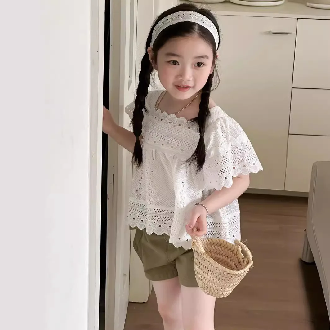 여아용 한국 스타일 아동복 반팔 블라우스, 아동복 상의, 작은 셔츠, 캐주얼 심플 매치, 2024 여름 신상