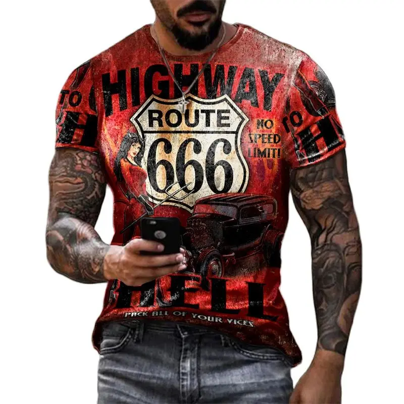 2022 Summer New Men's Retro T-Shirts US Route 66 Letter Print Short Sleeve Oversized Loose Clothes Crew Neck Top Streetwear 6xl