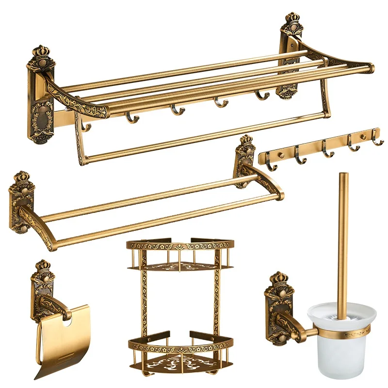

Bath Hardware Sets Antique Towel Rack Storage Rack Aluminum Roll Holder Punch Free Tissue Box Toilet Brush Bathroom Accessories
