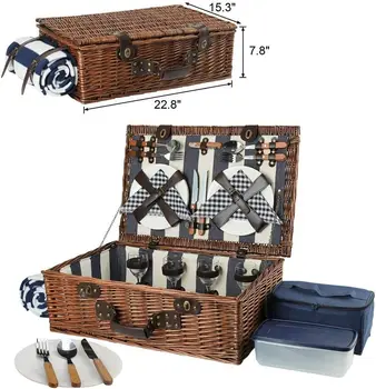 Extra Large Willow Picnic Basket with Service Set for 4 Persons, Natural Wicker Picnic Hamper with Free Food Cooler, Fleece 3