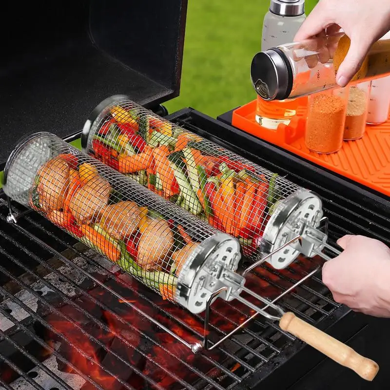 Stainless Steel Rotating BBQ Cage 1pc For Camping barbecue rack set