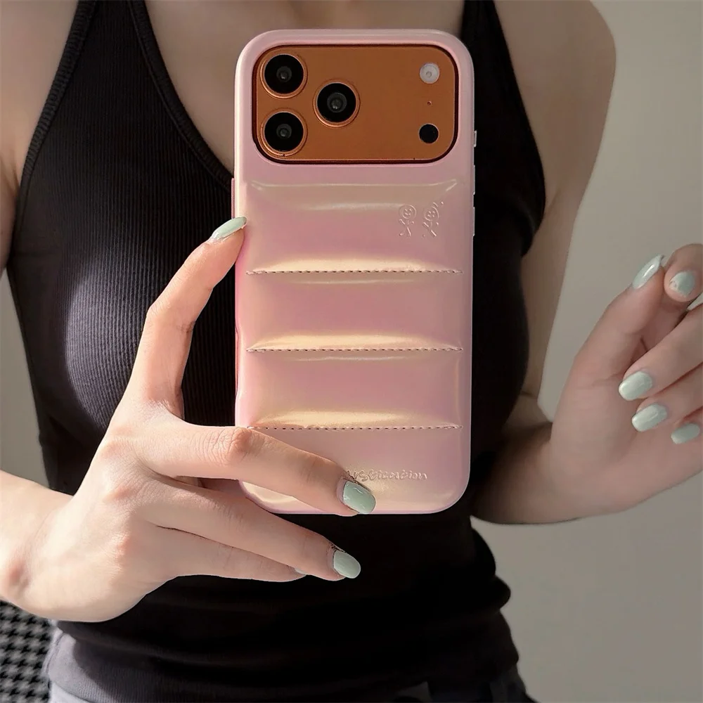 Kawaii Shiny Gradient Pink Puffer Phone Case with Little Character Glossy Anti-Drop Protection