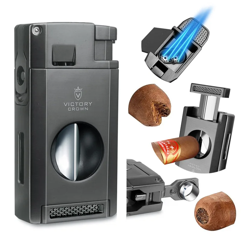 

Three-in-One Multifunctional Cigar Cutter Lighter Integrated Portable Cigar Tool Belt V-Shaped Scissors Piercer Double Straight