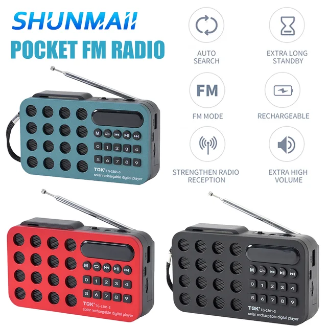 Mini Portable Pocket FM Radio BT Solar Charging/Rechargeable Battery Operated Emergency Small Radio Built-in Speaker MP3 Player