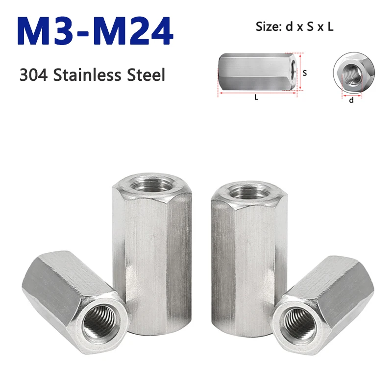 

304 Stainless Steel Lengthen Hexagon Coupling Nut M3 M4 M5 M6 M8 M10 M12 M14 M16 M18 M20 M22 M24 Connector Joint Sleeve Nut