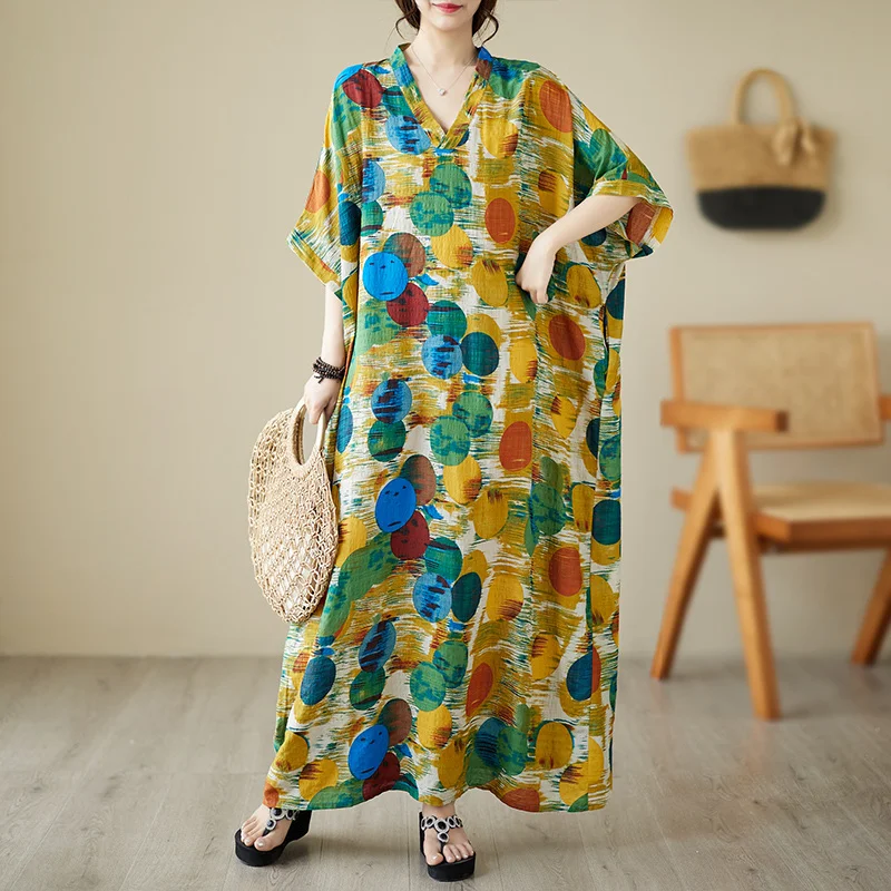 

#6547 Tie Dye Dot Printed Cotton Long Dress Women Batwing Sleeve Sexy Loose V-neck Vintage Beach Dress Ladies Thin Floor Length