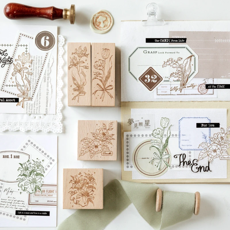 

Four Wild Flowers Wooden Rubber Seal Aesthetic INS Retro Plant Flowers Daisies Rose Lily Journaling Accessories Deco Log Seal