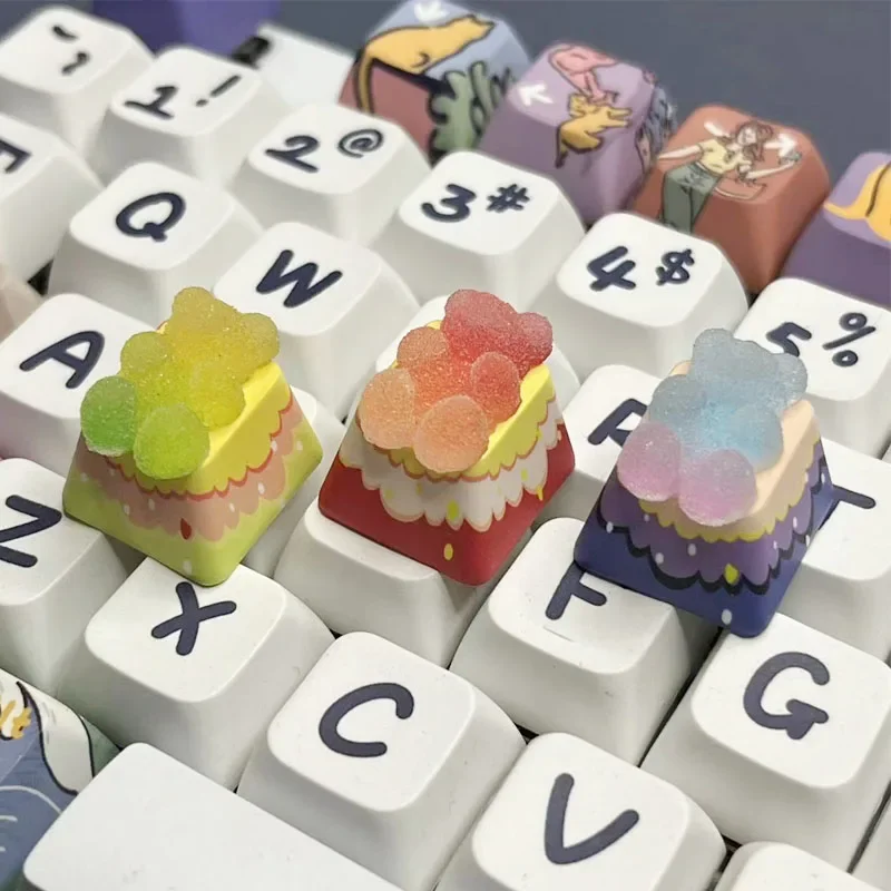 

Jelly colored teddy bear keycaps Cherry MX cross axis game mechanical keyboard backlight painted base with additional keycaps