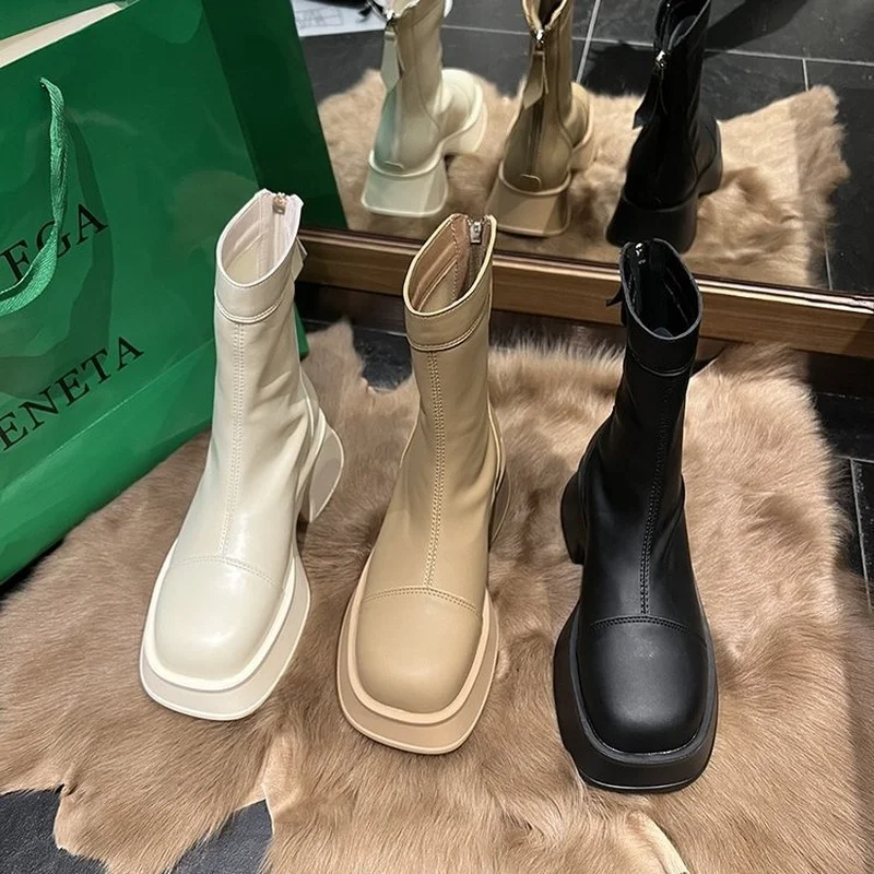 Women Fashion Mid-calf Boots 2022 Autumn Winter Korean Shoes Soft Leather Lace-up Platform Ladies British Style Chelsea Boots