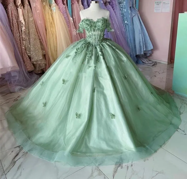 

Mint Green Princess Quinceanera Dresses Ball Gown Off The Shoulder Tulle Appliques Sweet 16 Dresses 15 Años Custom