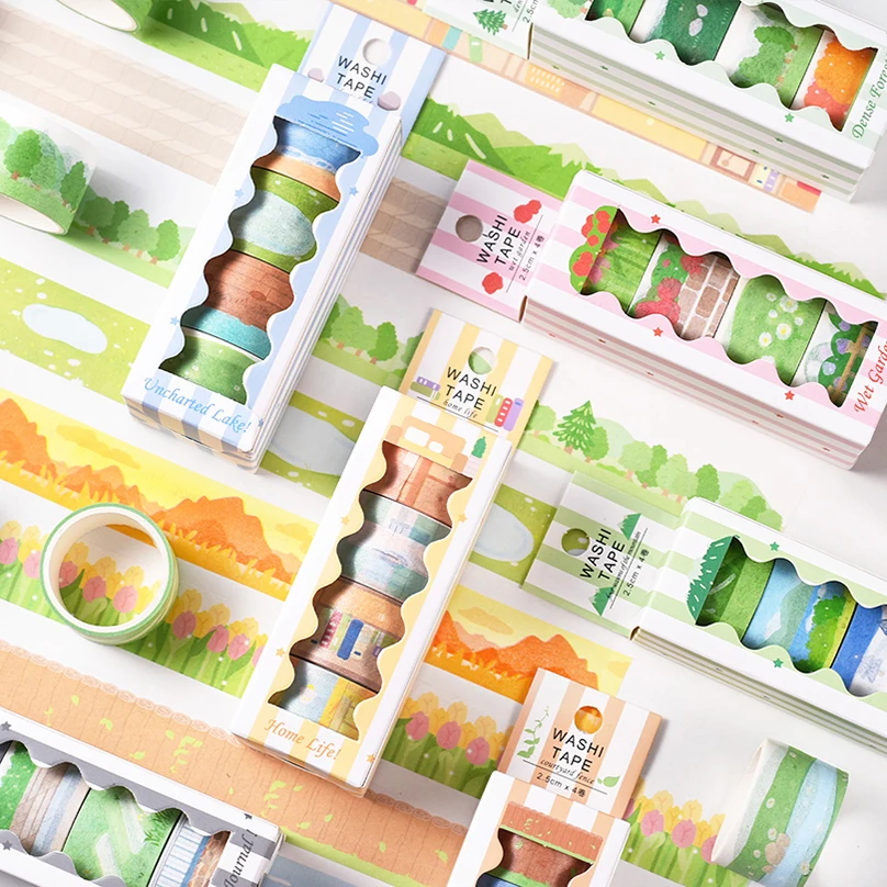4Rolls Basic Washi Tape Set Landscape Masking Tape Journal Supplies Washitape Stickers Stationery Album Decorative Adhesive Tape 2