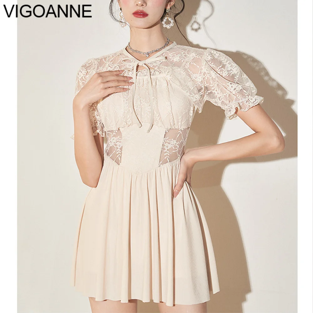 

VigoAnne Beige Short Sleeve Swimwear Women 2023 Sexy Patchwork Push UP One Piece Swimsuit Korean Monokini Backless Bathing Suit