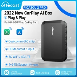 OTTOCAST PICASOU 2 PRO CarPlay AI Box Wireless Android Auto TV Box HDMI Input for Kia Hyundai VW Car Accessories