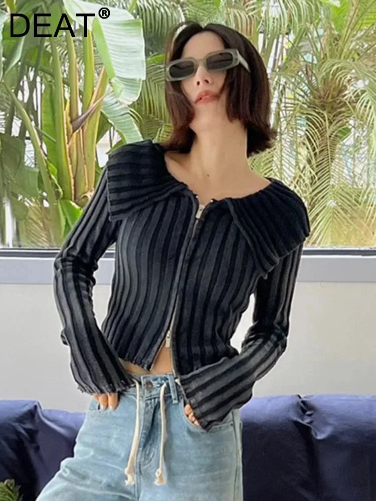 

DEAT Fashion Women's Knitted Cardigan Large Lapel Long Sleeve Two Way Zipper 98% Cotton Striped Sweater Spring 2024 New 7AB3475
