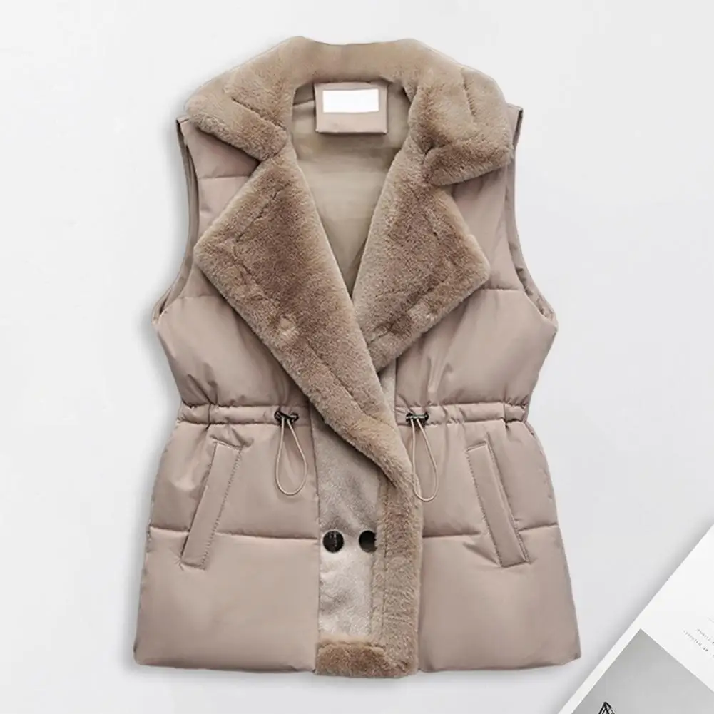 Winter Cotton Fur Integrated Down Vest Womens Puffer Vest Stand Collar Button Down Padded Jacket with Drawstring Waistcoat 1